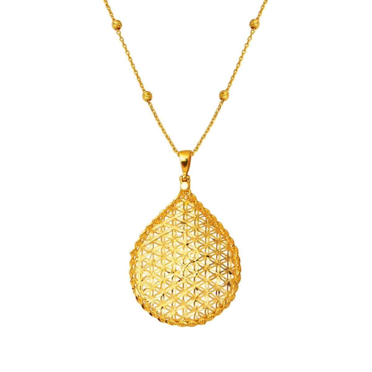 14K Yellow Gold Flower of Life Teardrop Necklace