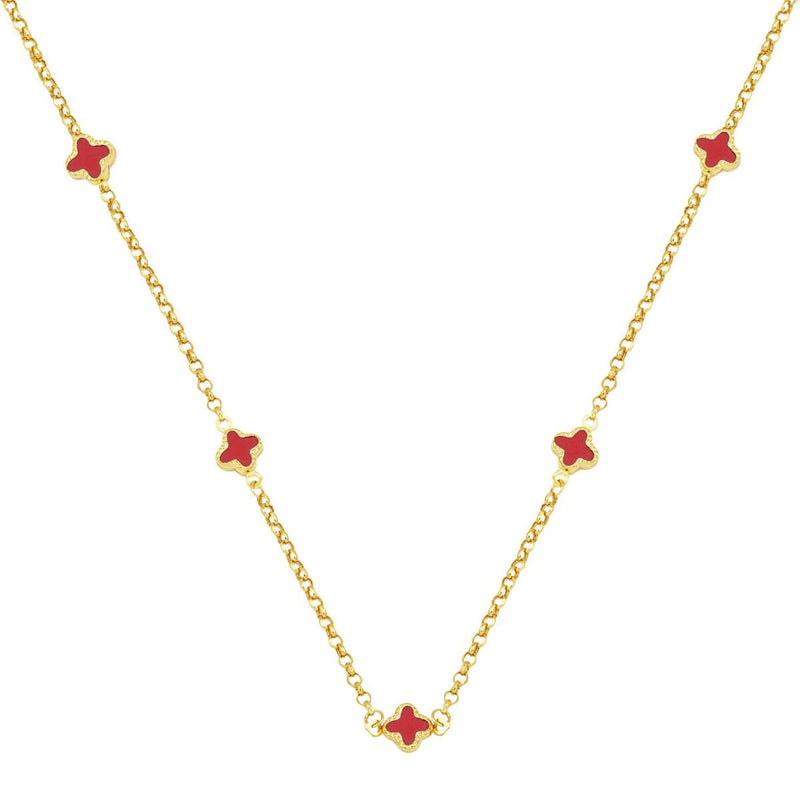 14K Yellow Gold Rose Clover Rolo Chain Cubic Zirconia Necklace
