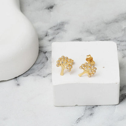 14K Yellow Gold Life Tree Cubic Zirconia Earrings