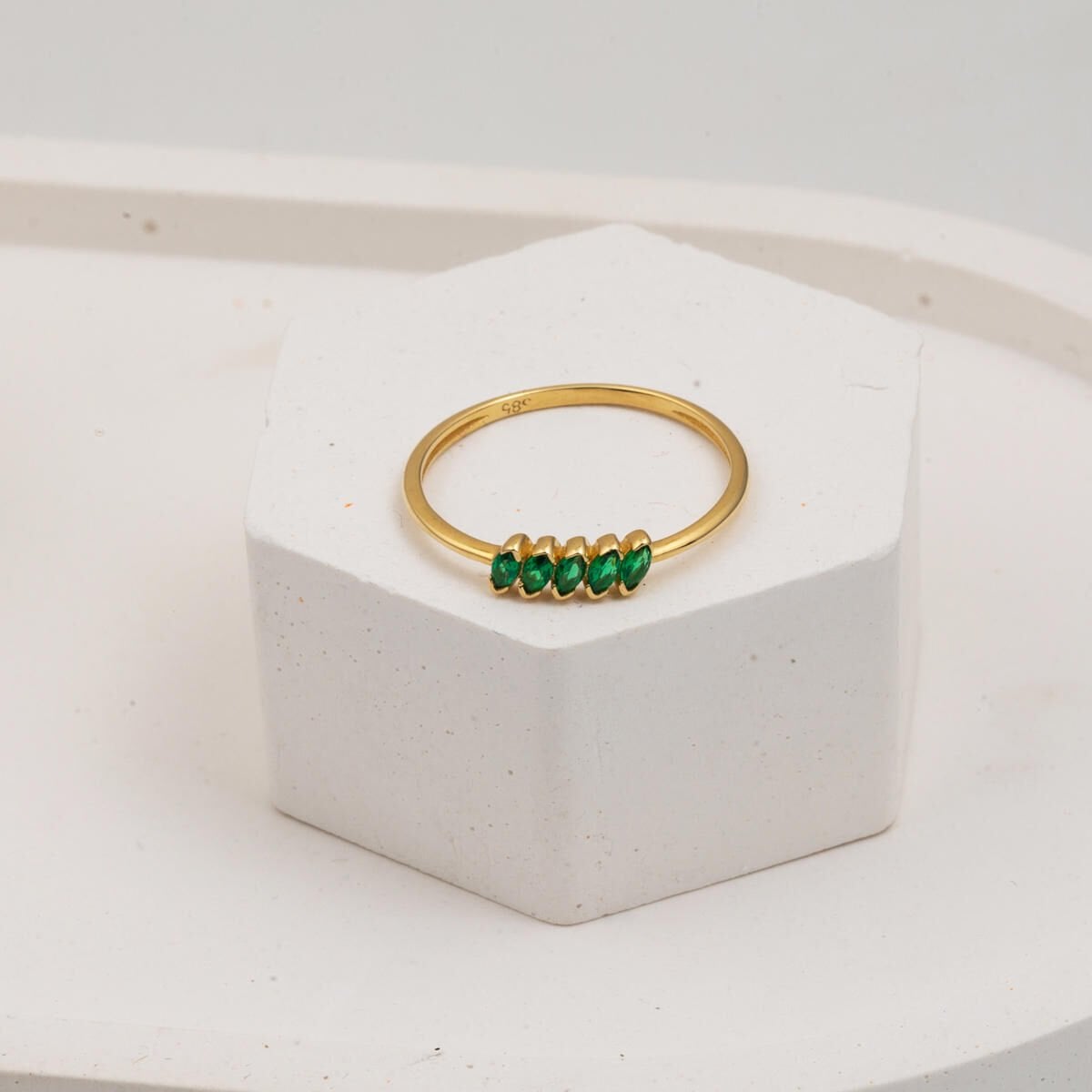 14K Yellow Gold Green Minimalist Five Stone Cubic Zirconia Ring