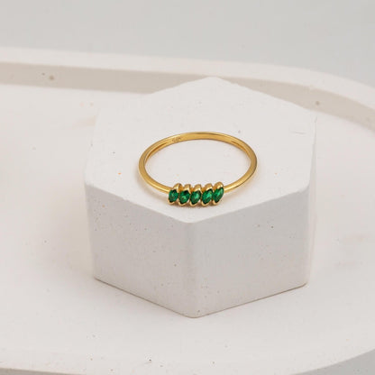 14K Yellow Gold Green Minimalist Five Stone Cubic Zirconia Ring