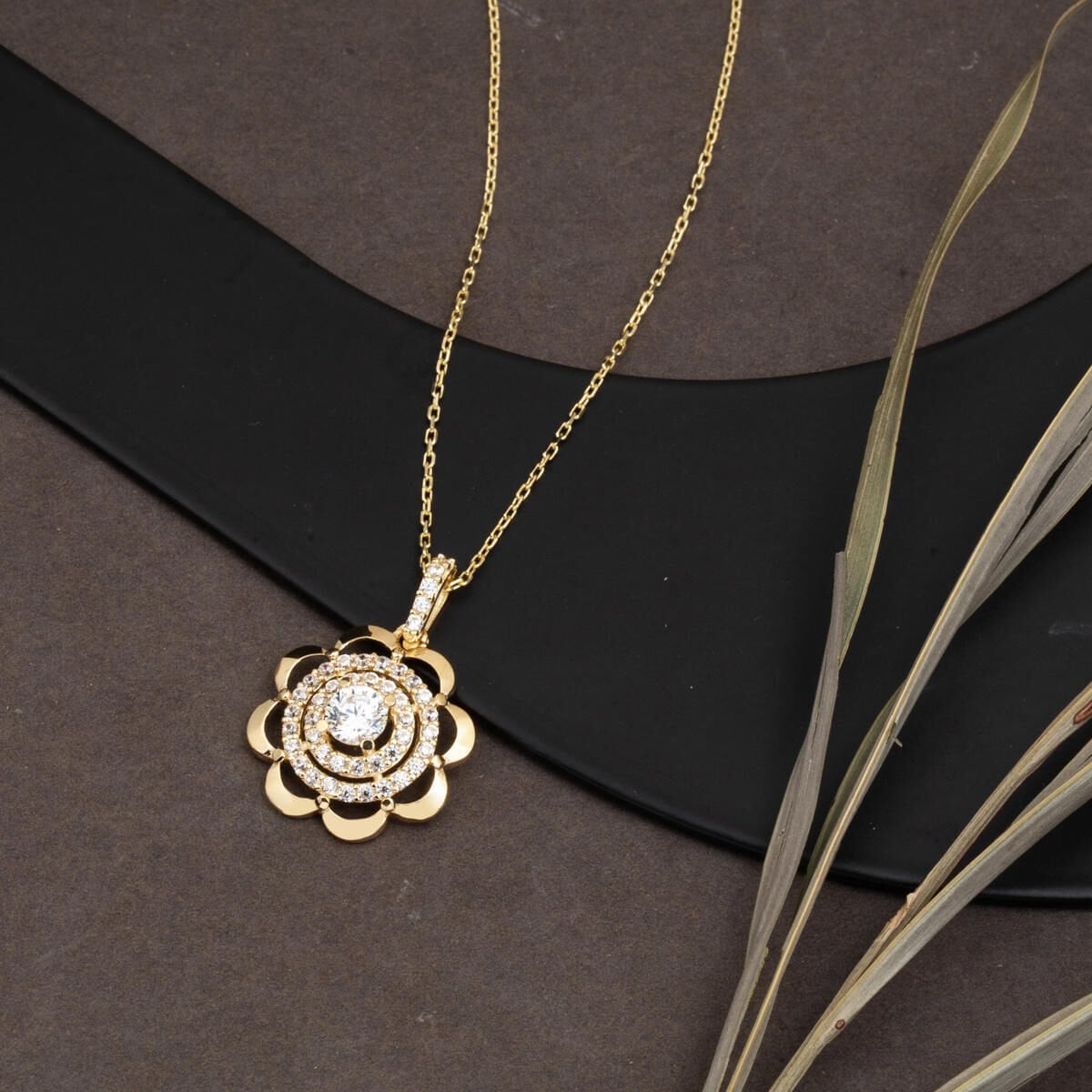 14K Yellow Gold Chakra Flower of Life Cubic Zirconia Necklace