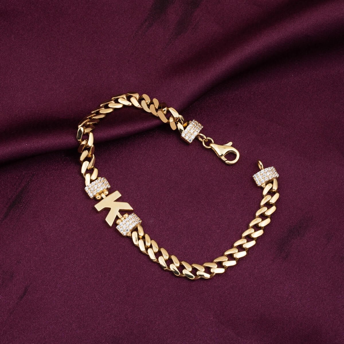 14K Yellow Gold Curb Chain K Initial Cubic Zirconia Bracelet