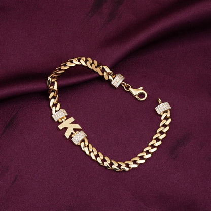 14K Yellow Gold Curb Chain K Initial Cubic Zirconia Bracelet