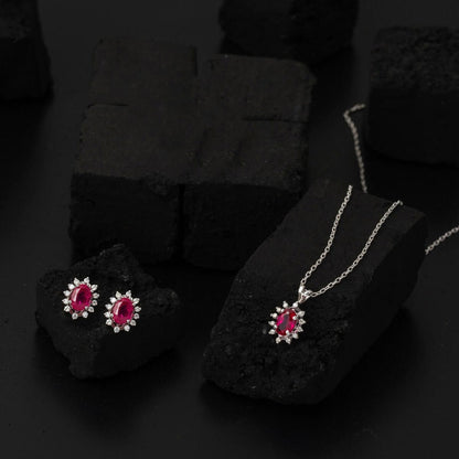 14K White Gold 1.50 Ct Ruby Diamond Earrings Necklace Set