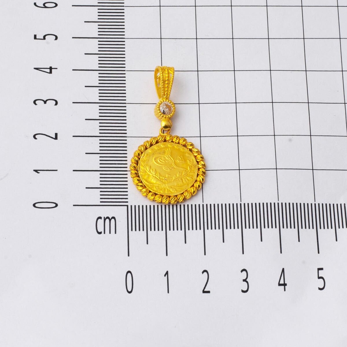 14K Yellow Gold Quarter Coin Ottoman Resat Coin Cubic Zirconia Necklace