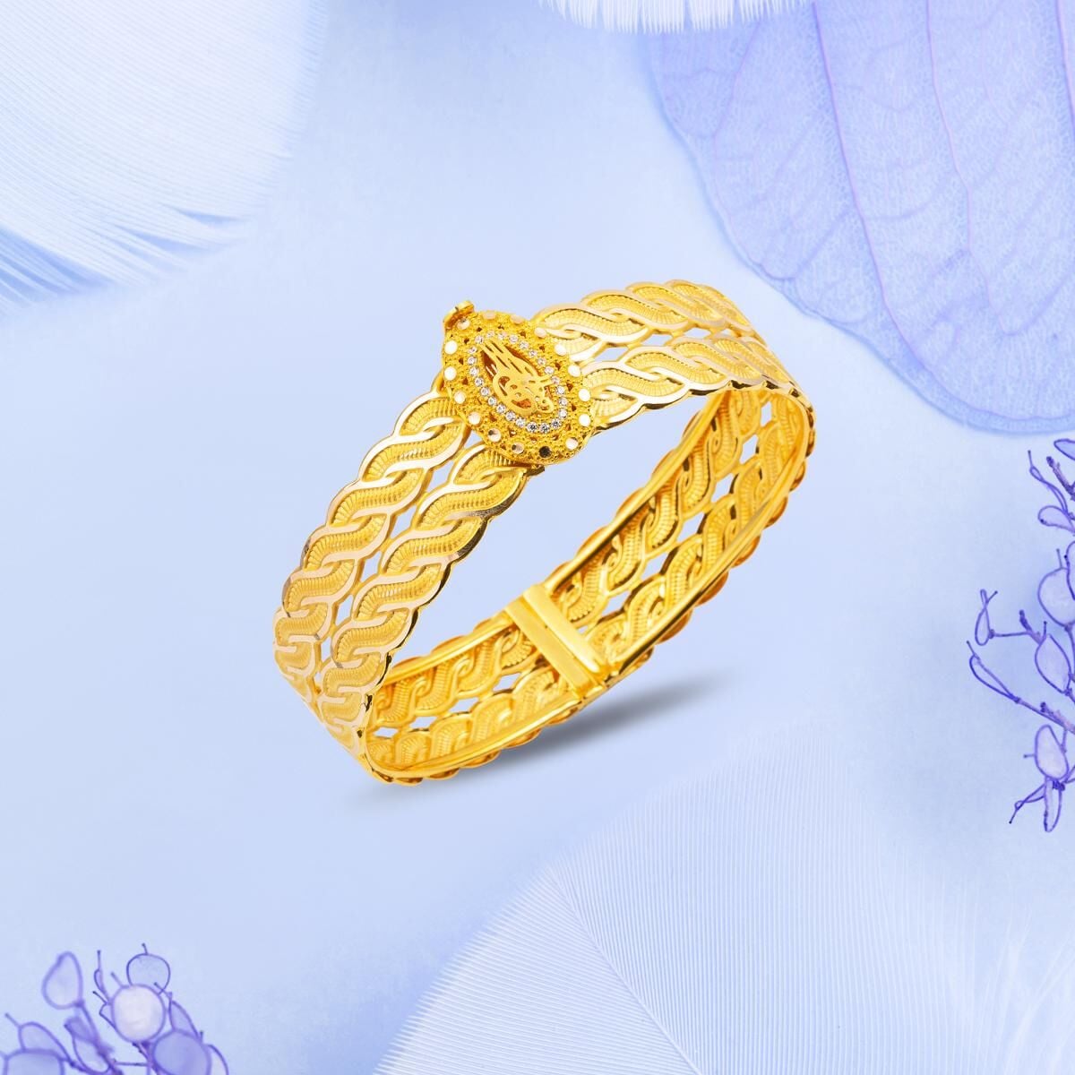 14K Yellow Gold Ottoman Tughra Hinged Cuff Cubic Zirconia Bangle