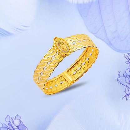 14K Yellow Gold Ottoman Tughra Hinged Cuff Cubic Zirconia Bangle