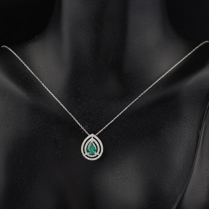 14K White Gold 0.20 Ct Diamond Emerald Necklace