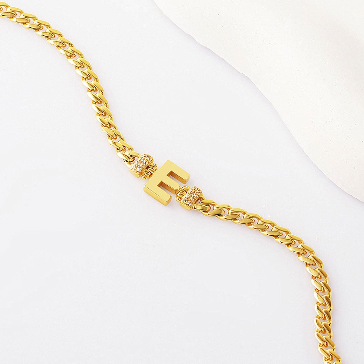 14K Yellow Gold E Initial Curb Cubic Zirconia Bracelet