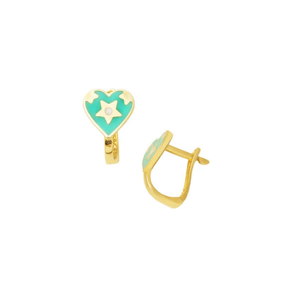 14K Yellow Gold Green Heart Children's Earrings
