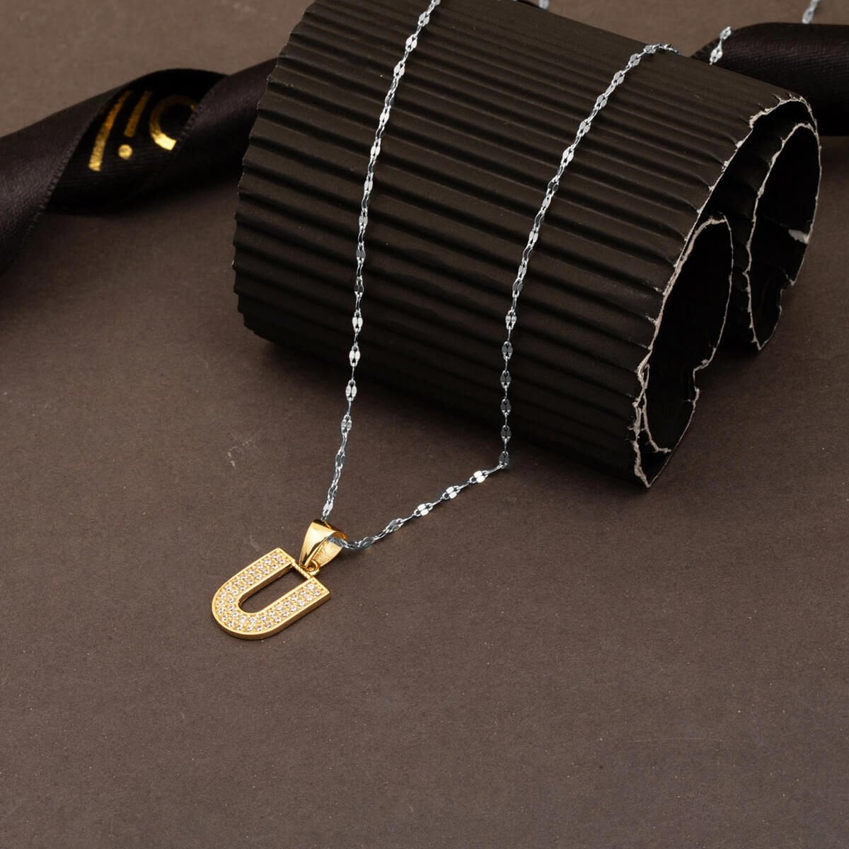 14K Yellow Gold U Initial Cubic Zirconia Pendant