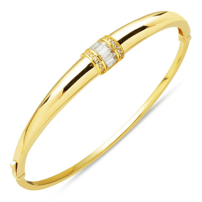 14K Yellow Gold Baguette Minimalist Cubic Zirconia Hinged Cuff Bangle