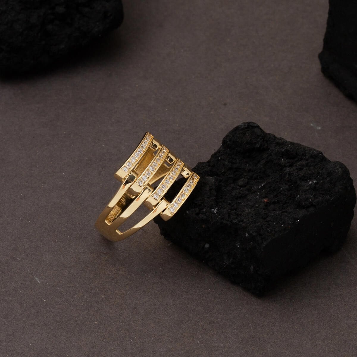 14K Yellow Gold Quad Ribbed Cubic Zirconia Ring