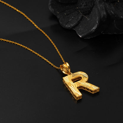 22K Yellow Gold Three Dimensional R Initial Necklace
