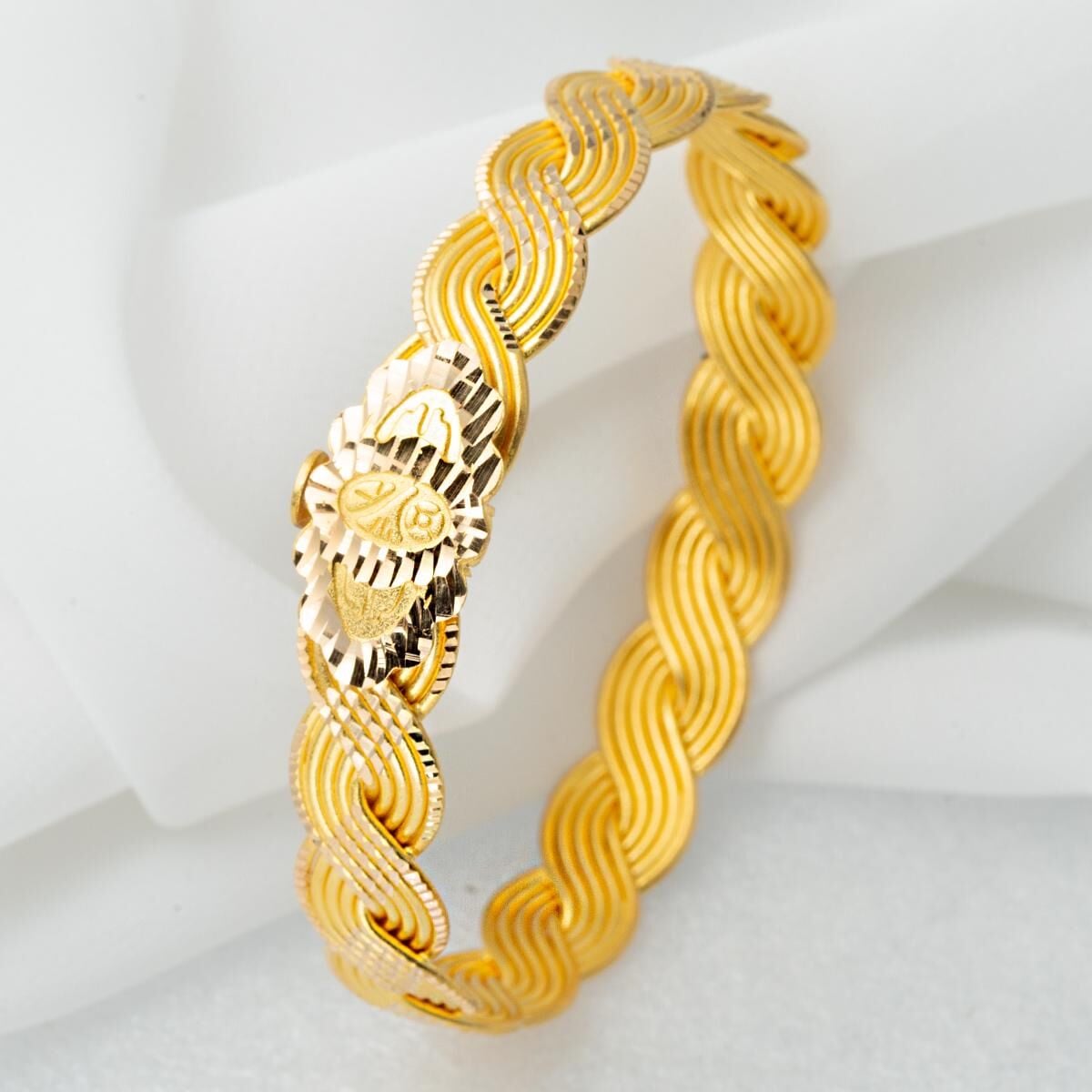 22K Yellow Gold Braided Motif Hinged Cuff Bangle