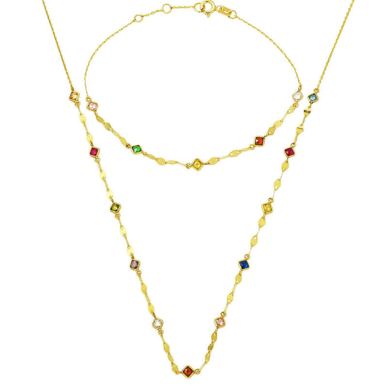 14K Yellow Gold Colored Lightweight Double Cubic Zirconia Chain Necklace and Bracelet Set