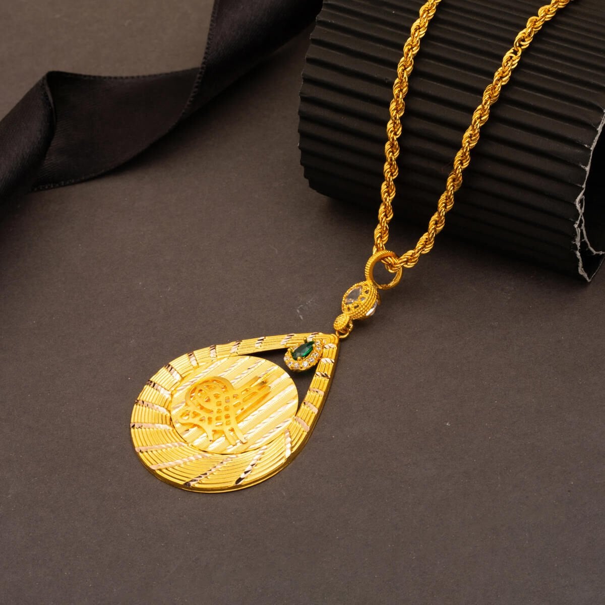 14K Yellow Gold Ottoman Tughra Teardrop Cubic Zirconia Necklace