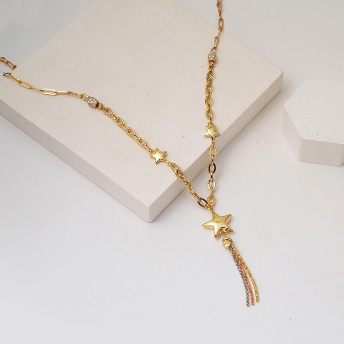 14K Yellow Gold Chain Star Cubic Zirconia Necklace