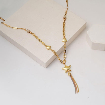 14K Yellow Gold Chain Star Cubic Zirconia Necklace