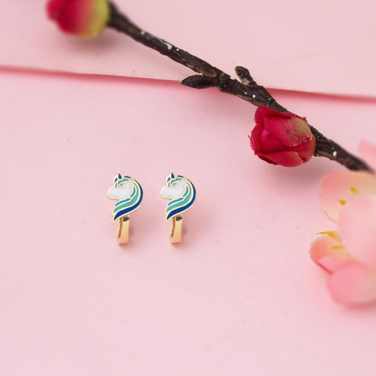 14K Yellow Gold Blue Enamel Unicorn Children's Earrings