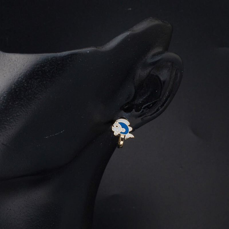 14K Yellow Gold Blue Fish Children's Earrings