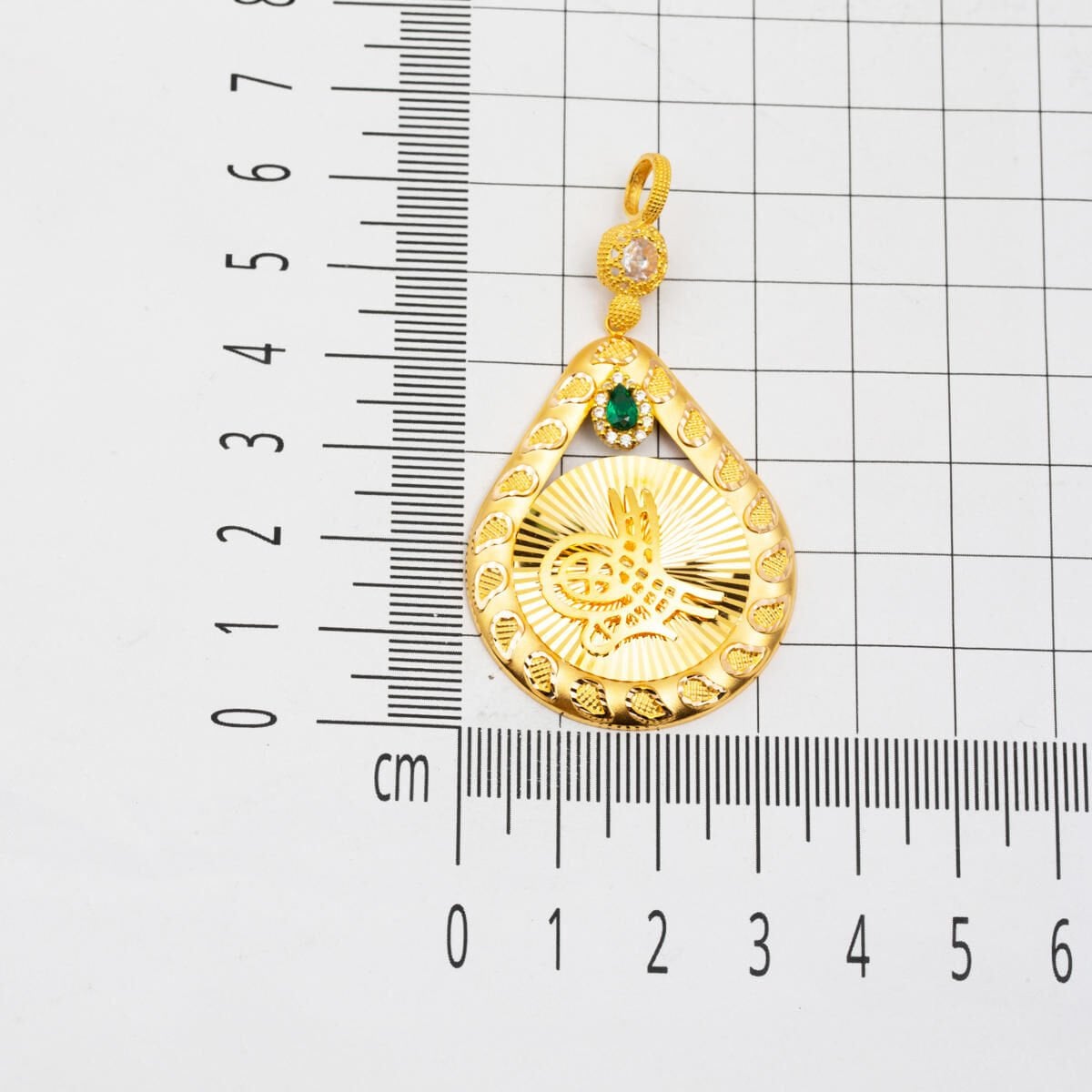 14K Yellow Gold Teardrop Sparkling Ottoman Tughra Cubic Zirconia Pendant