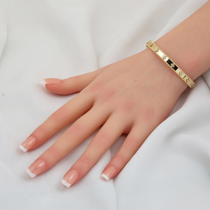 14K Yellow Gold Clover Women's Hinged Cuff Cubic Zirconia Bangle