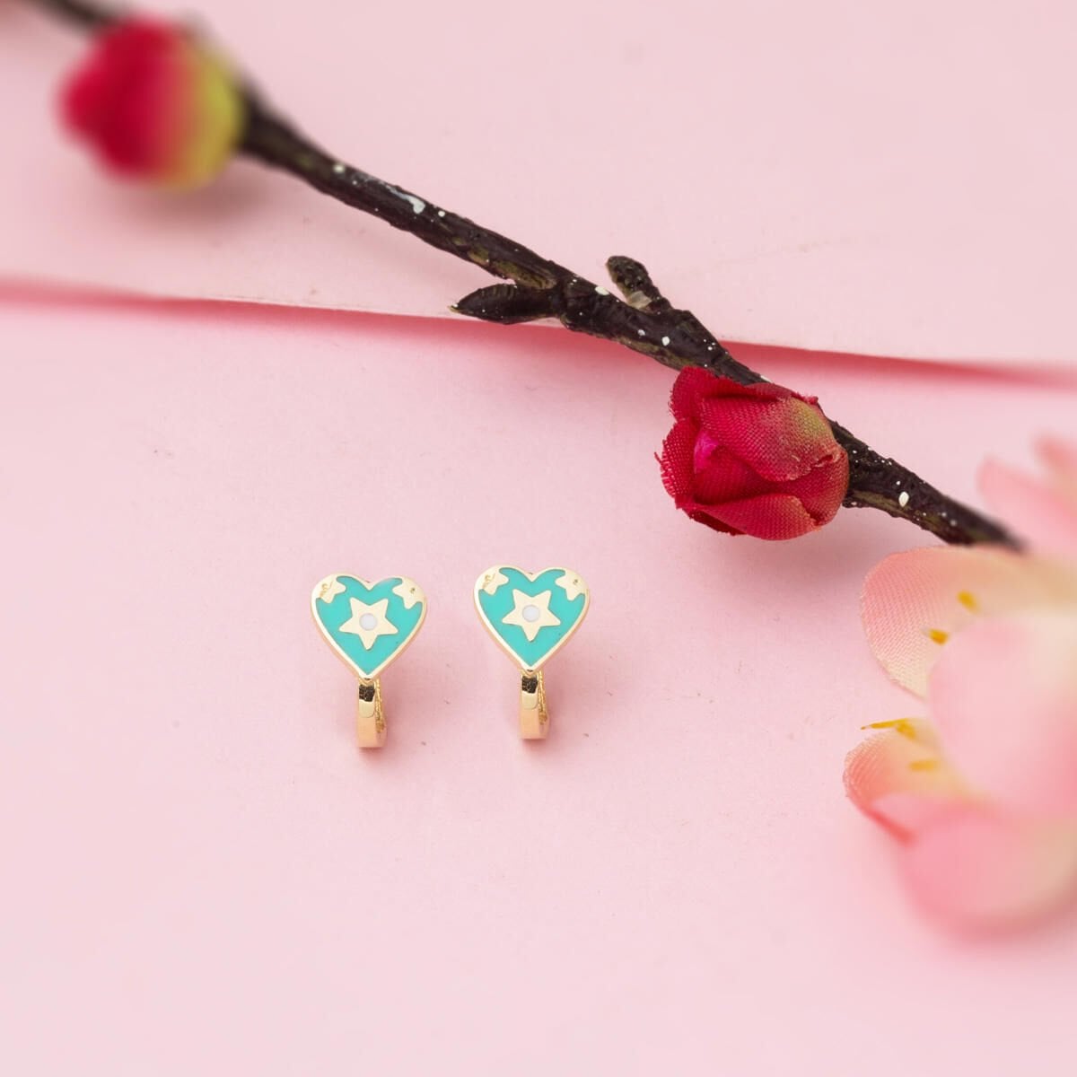 14K Yellow Gold Green Heart Children's Earrings
