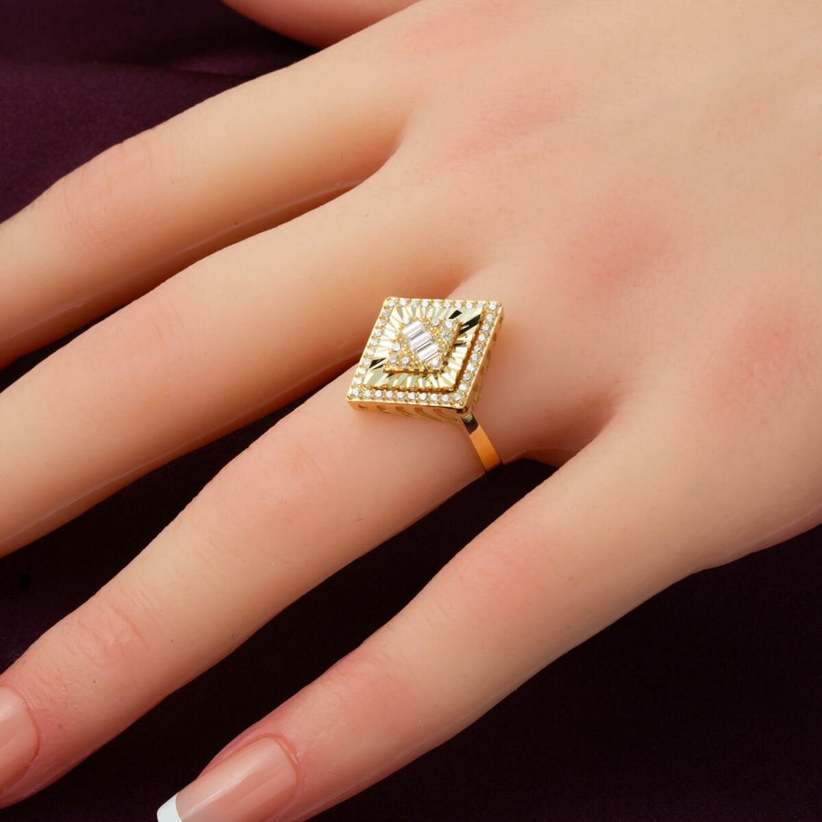 14K Yellow Gold Illusion Baguette Cubic Zirconia Ring