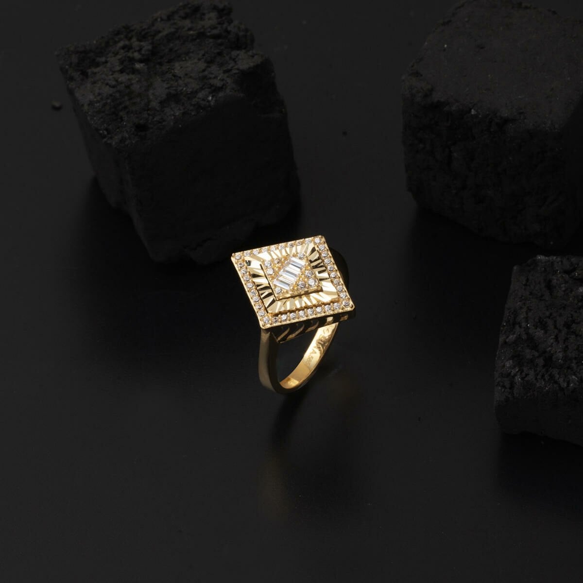 14K Yellow Gold Illusion Baguette Cubic Zirconia Ring