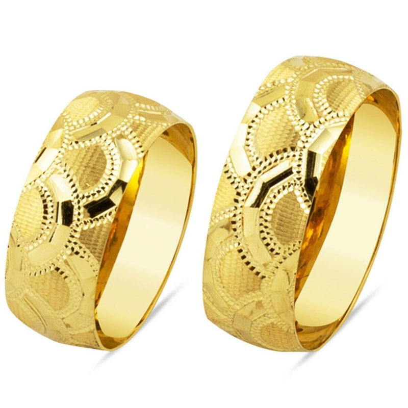 14K Yellow Gold Hand Engraved Wedding Band Set