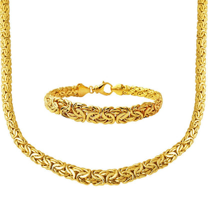14K Yellow Gold Flat Italian King Byzantine Chain Double Jewelry Set