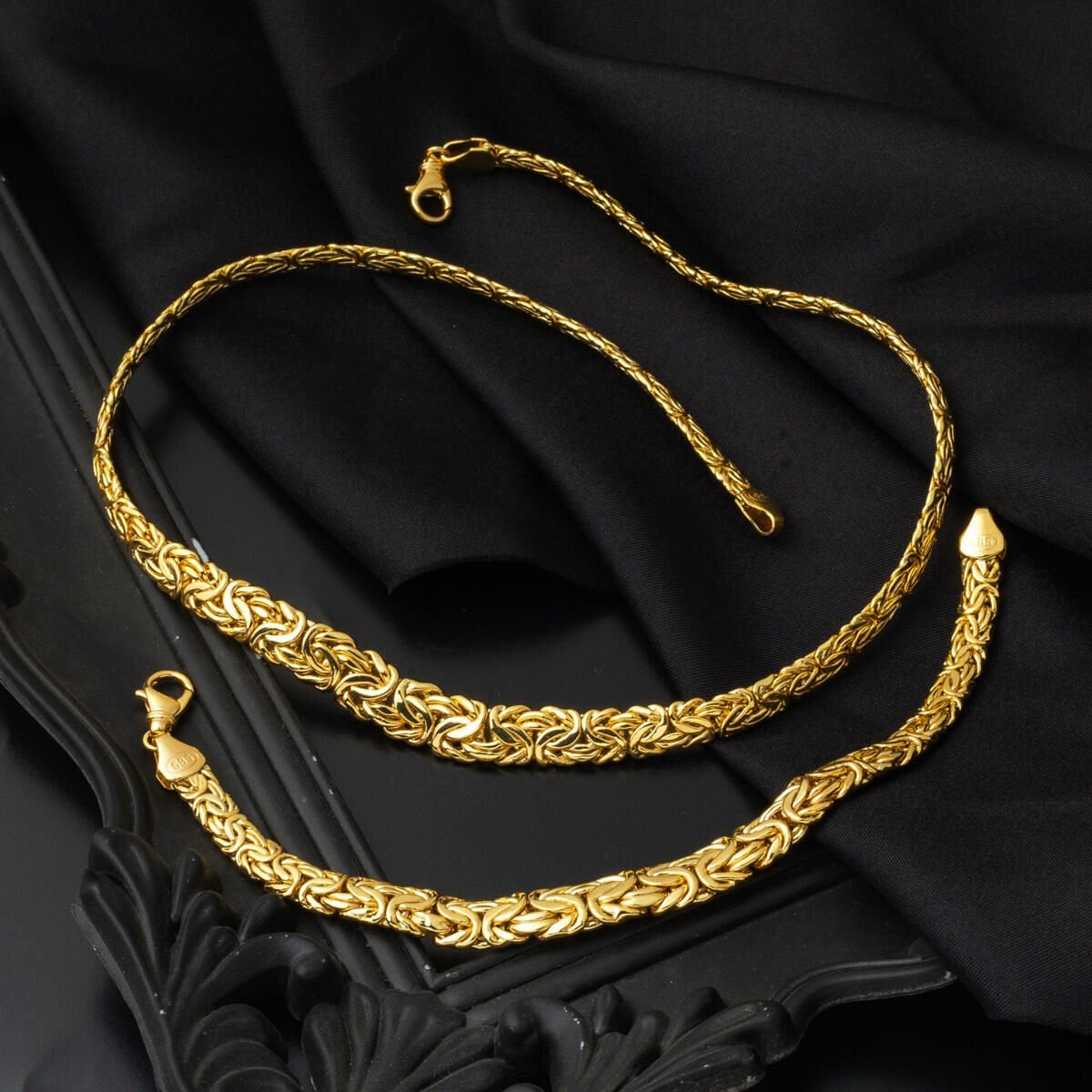 14K Yellow Gold Flat Italian King Byzantine Chain Double Jewelry Set