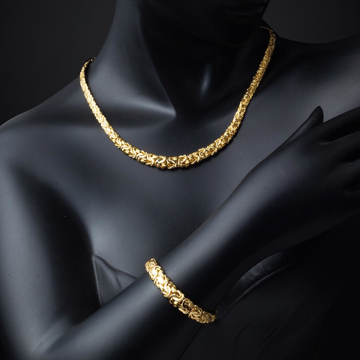 14K Yellow Gold Flat Italian King Byzantine Chain Double Jewelry Set