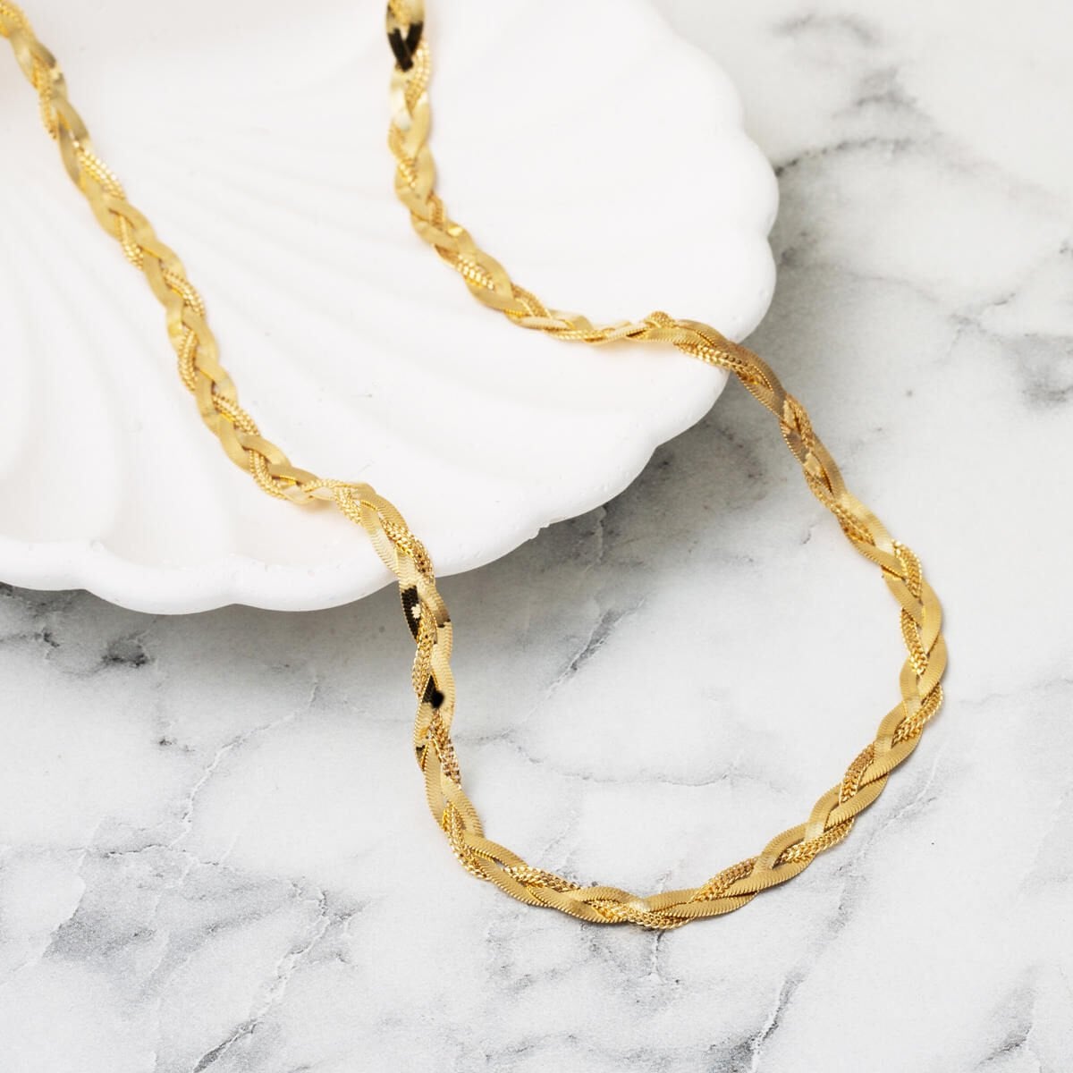 14K Yellow Gold Flat Braided Chain Necklace 50 cm