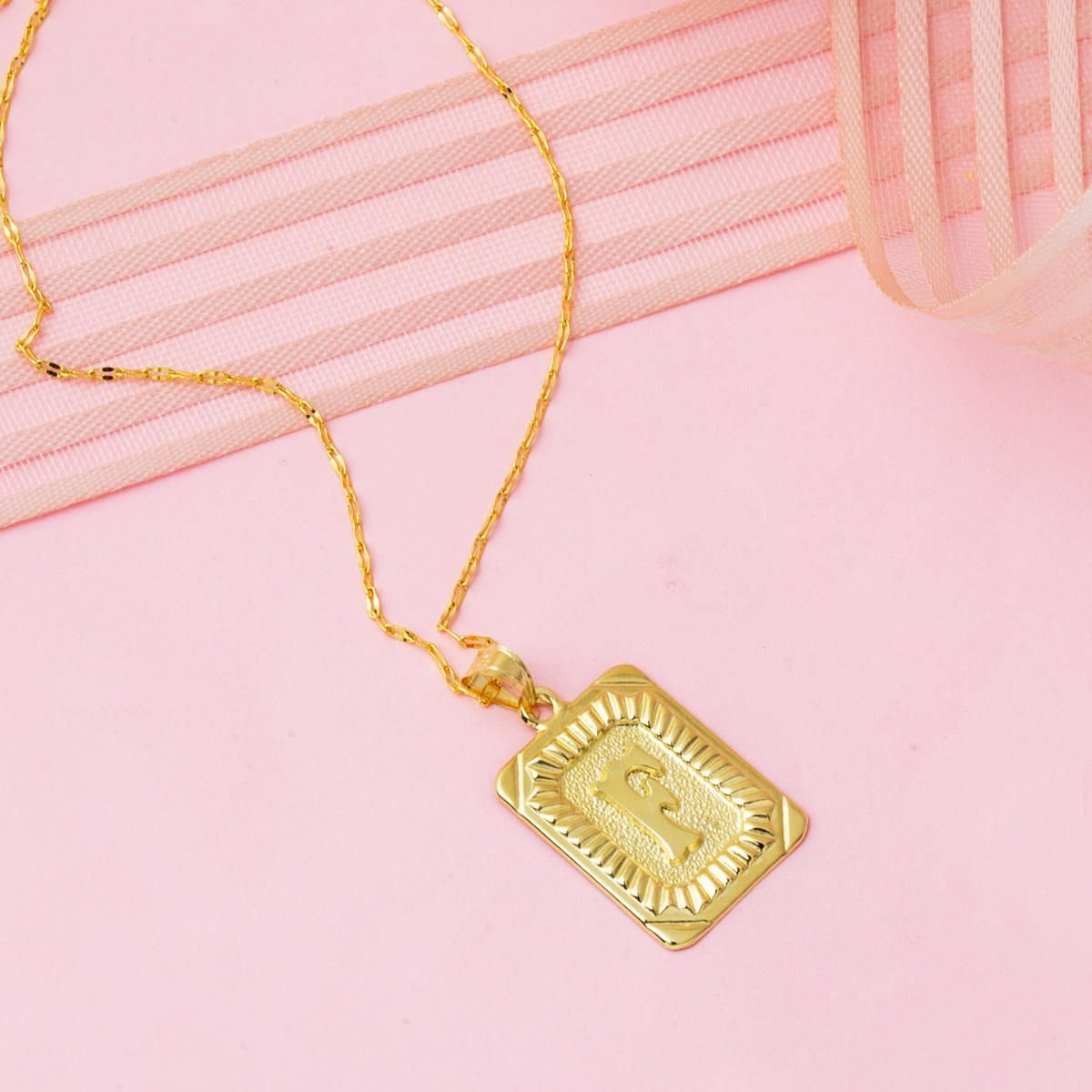 14K Yellow Gold Initial F Square Plate Necklace