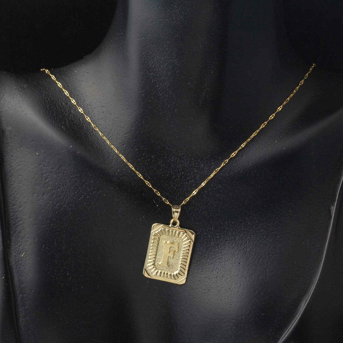 14K Yellow Gold Initial F Square Plate Necklace