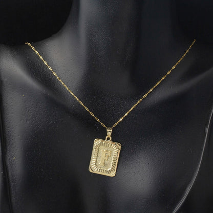 14K Yellow Gold Initial F Square Plate Necklace