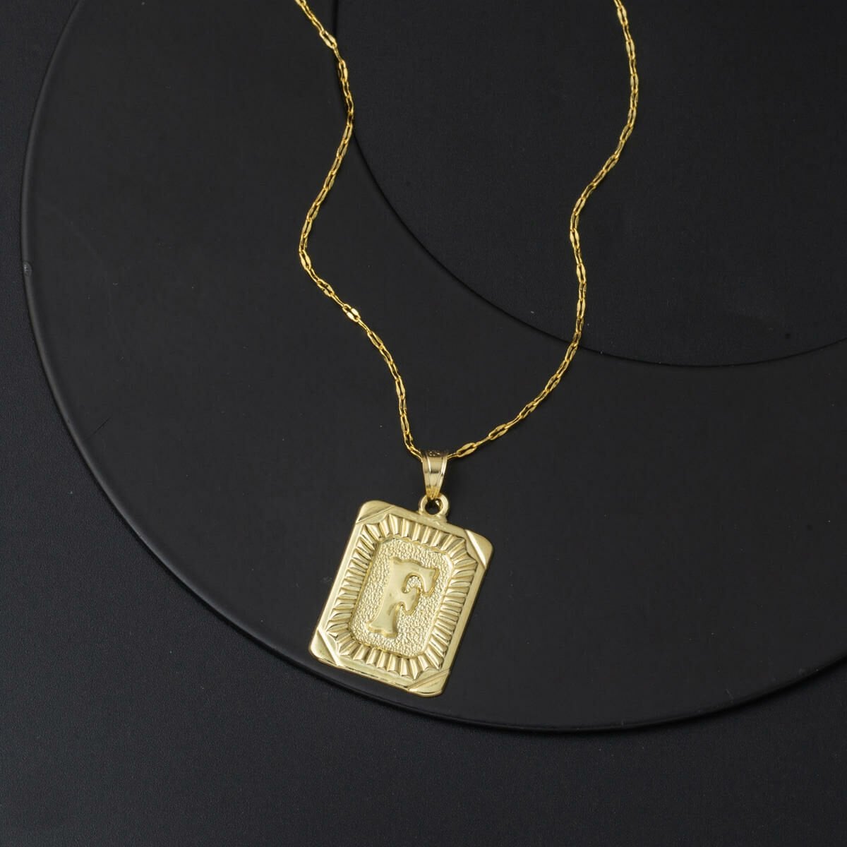 14K Yellow Gold Initial F Square Plate Necklace