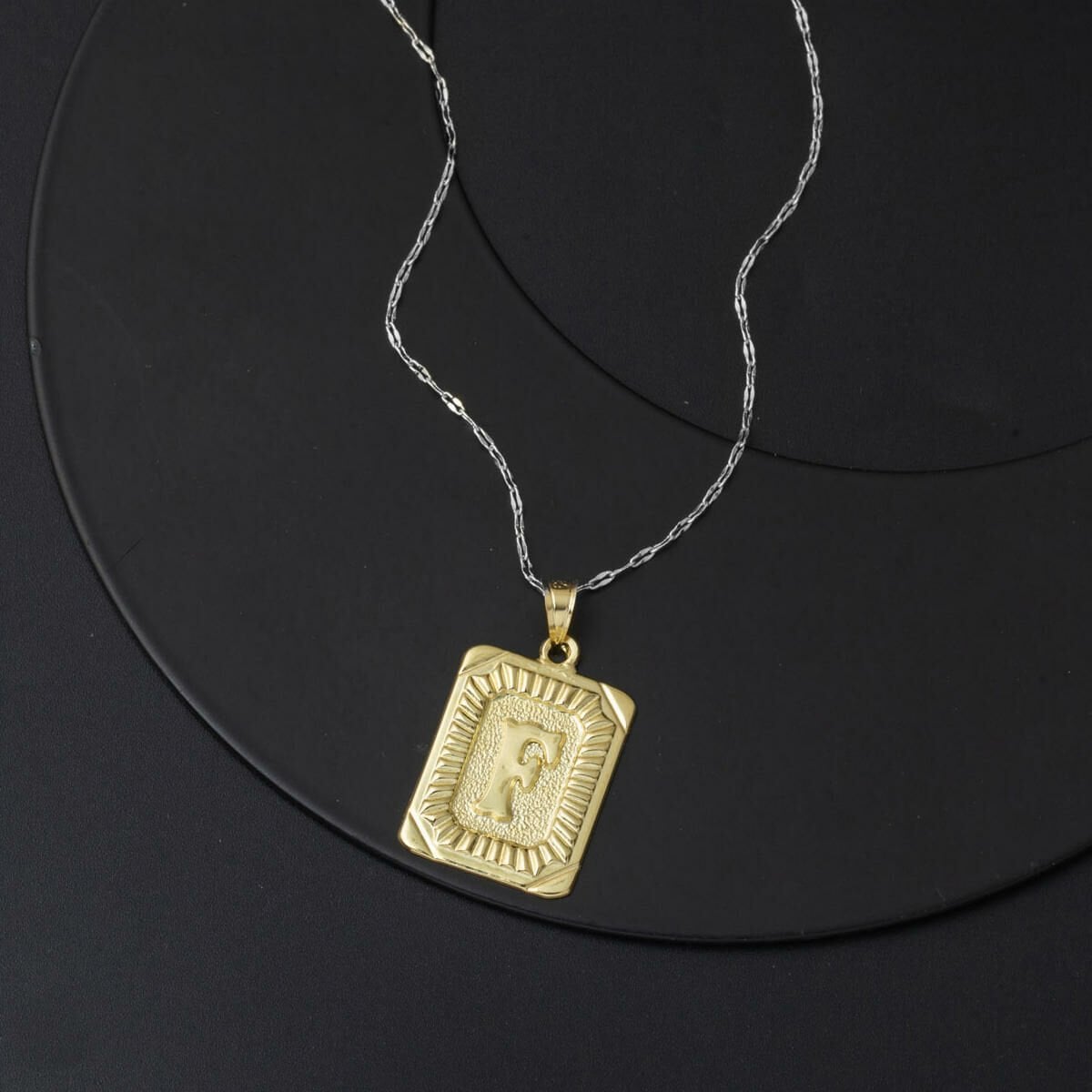 14K Yellow Gold F Initial Square Plate Pendant