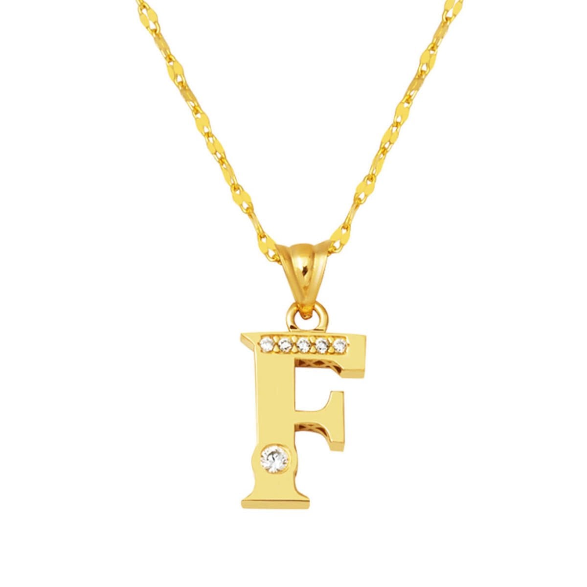 14K Yellow Gold Lettera F Initial Cubic Zirconia Necklace