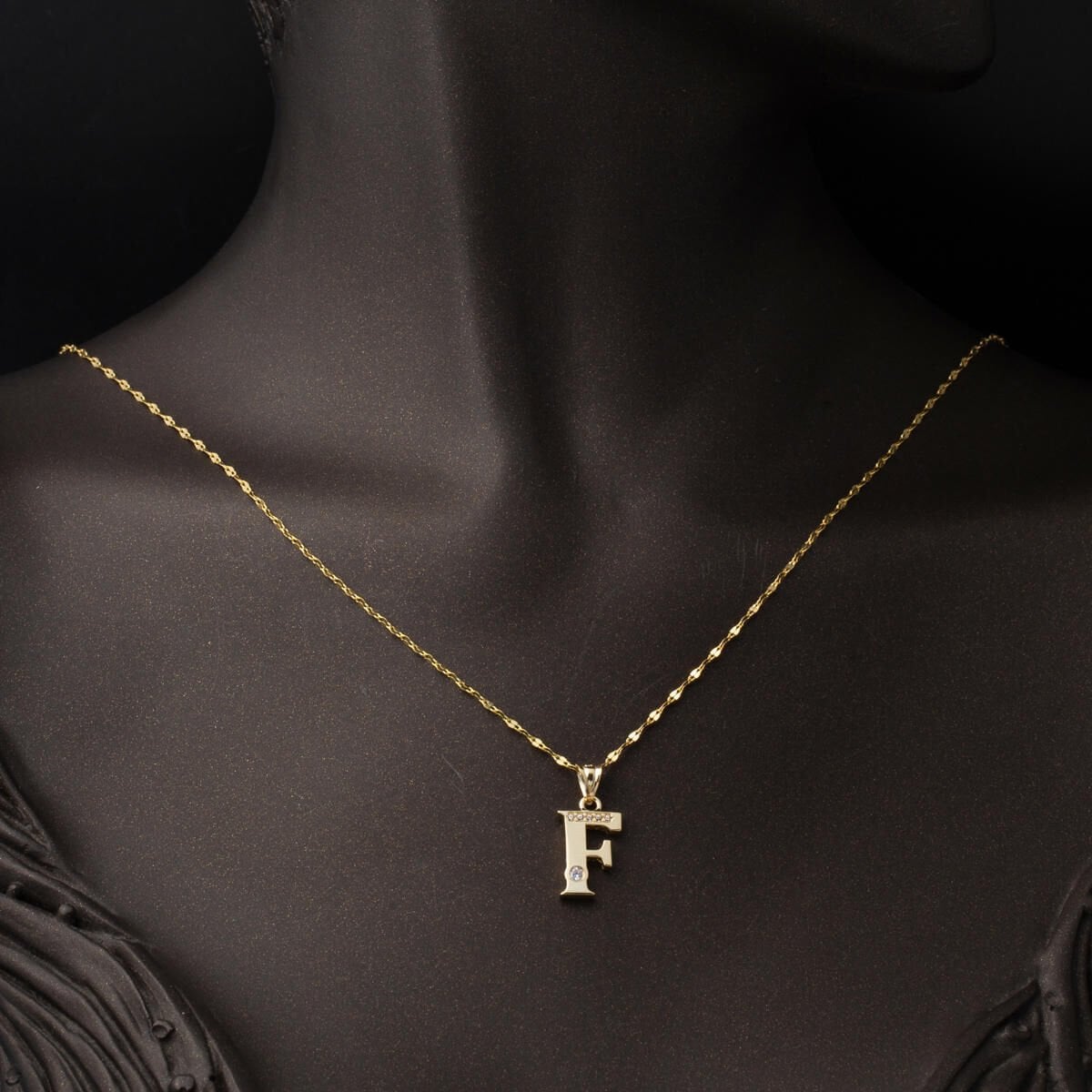14K Yellow Gold Lettera F Initial Cubic Zirconia Necklace