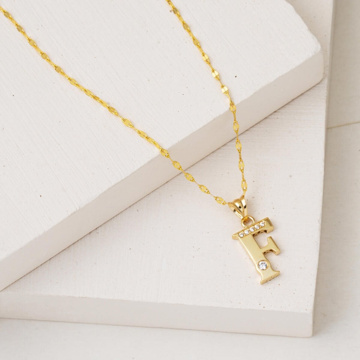 14K Yellow Gold Lettera F Initial Cubic Zirconia Necklace