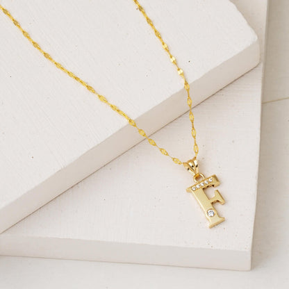 14K Yellow Gold Lettera F Initial Cubic Zirconia Necklace