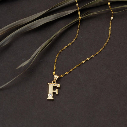 14K Yellow Gold Lettera F Initial Cubic Zirconia Necklace