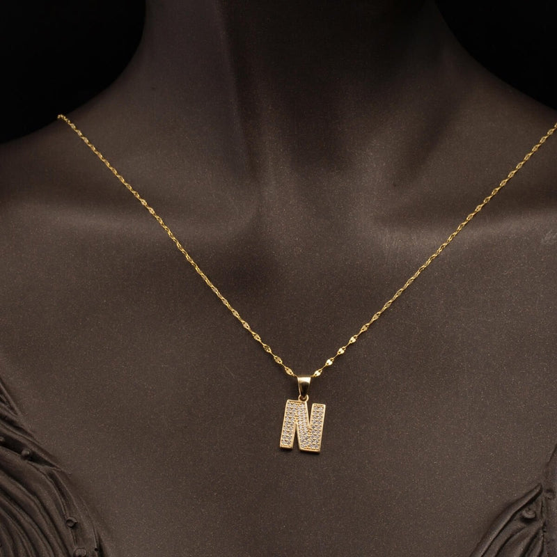 14K Yellow Gold N Initial Cubic Zirconia Women's Necklace