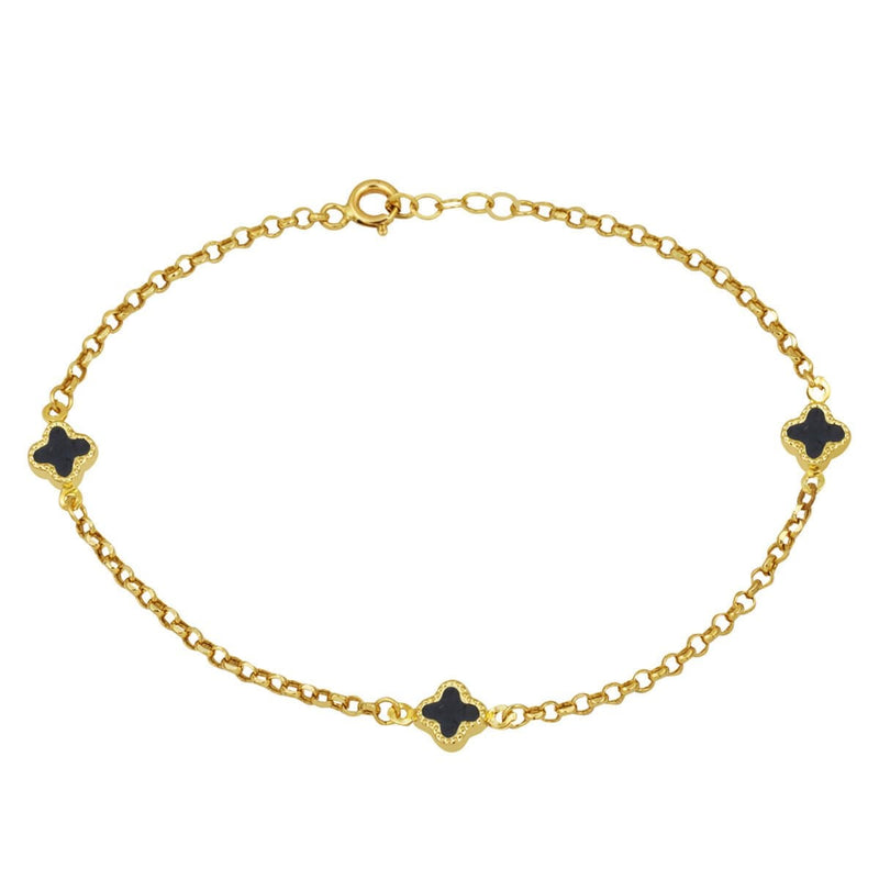 14K Yellow Gold Black Clover Chain Onyx Bracelet
