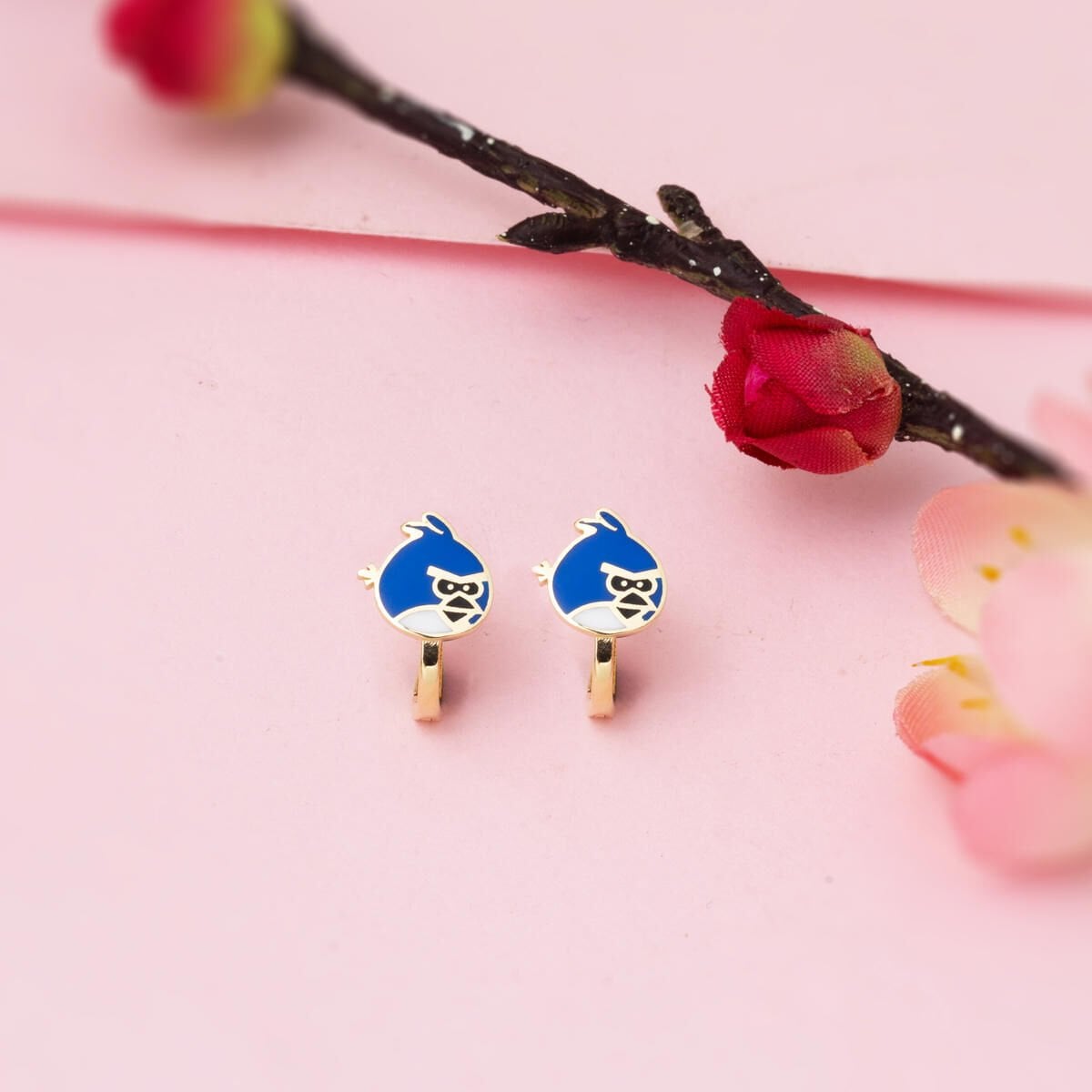 14K Yellow Gold Blue Enamel Designer Inspired Children's Earrings