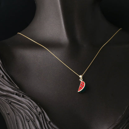 14K Yellow Gold Watermelon Slice Enamel Necklace